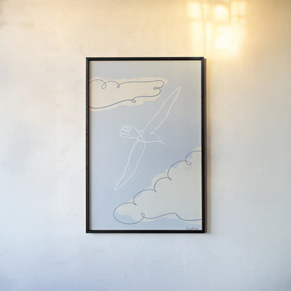 Soaring Seagull I by Becky Thorns. shown as a paper print in a black flame. Available as a archival giclee rolled canvas, fine art paper, or poster print. SKU 87641h.