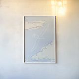 Soaring Seagull I by Becky Thorns. shown as a paper print in a white frame. Available as a archival giclee rolled canvas, fine art paper, or poster print. SKU 87641h.