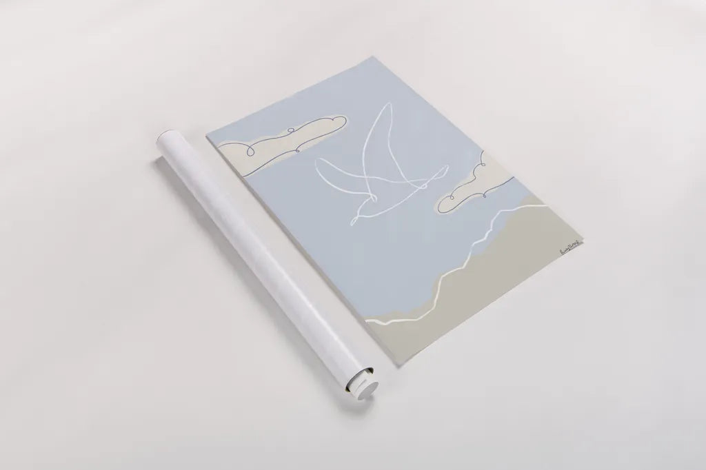 Soaring Seagull II by Becky Thorns. shown as a rolled paper print. Available as archival giclee rolled canvas, fine art paper, or poster print. SKU 87642h.