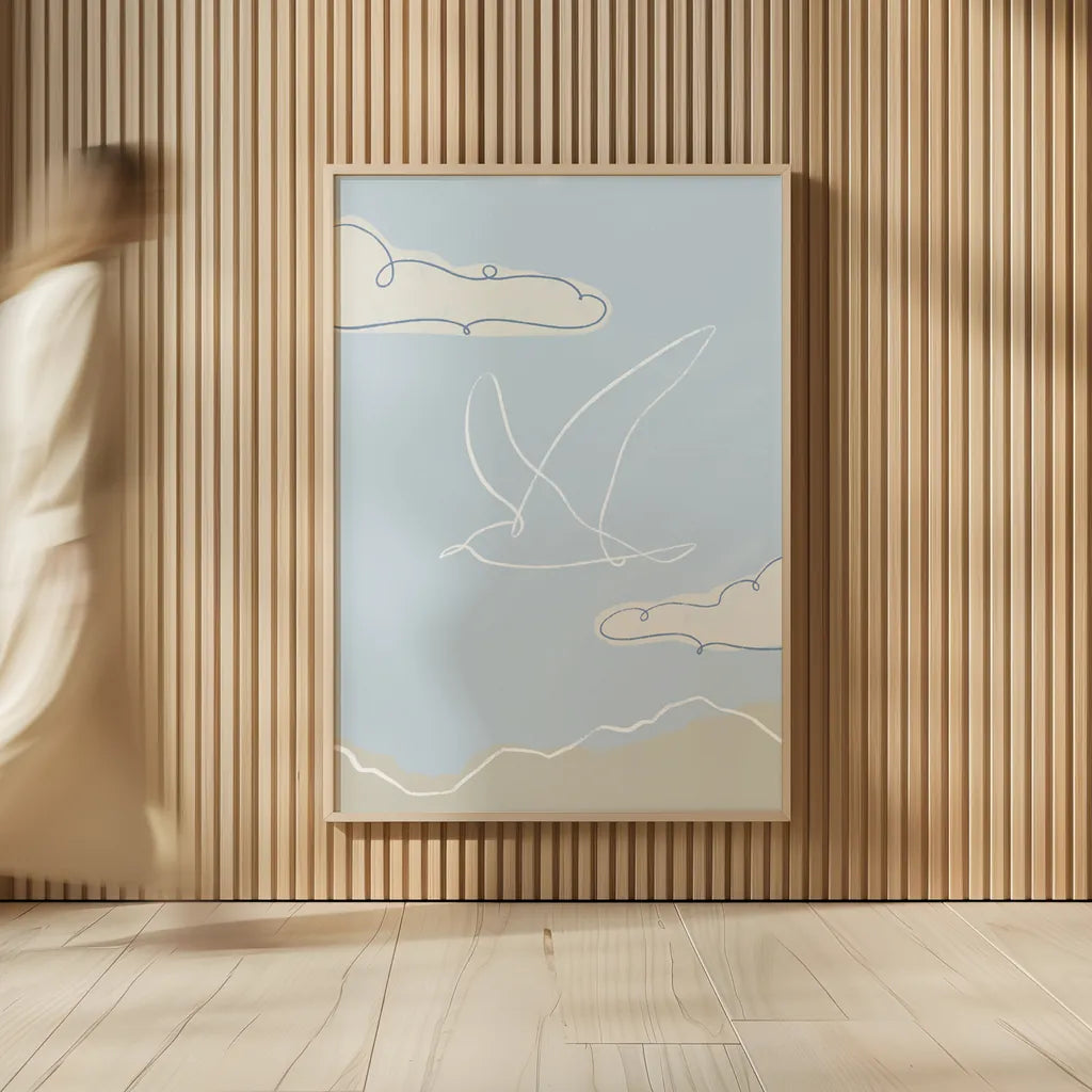 Soaring Seagull II by Becky Thorns. shown as over sized large wall art. Available as an archival giclee rolled canvas, fine art paper, or poster print. SKU 87642h.