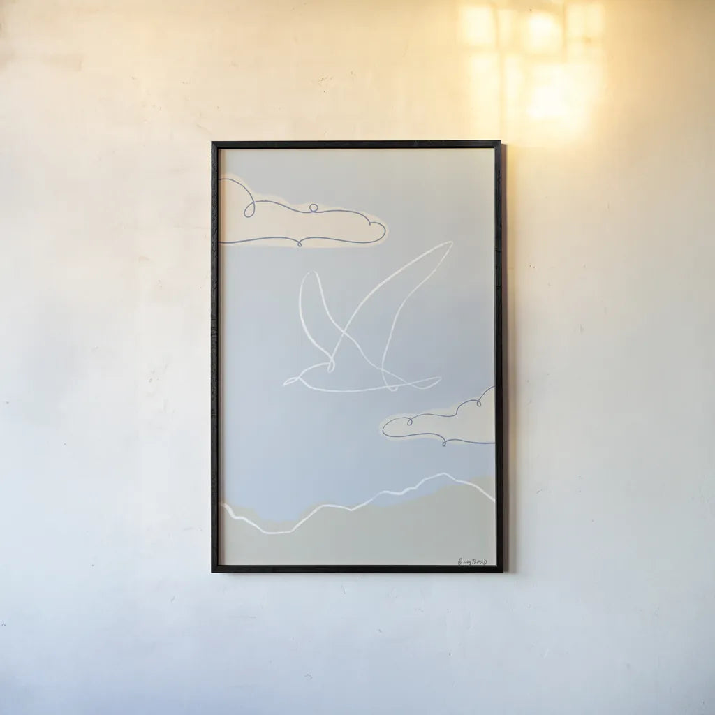 Soaring Seagull II by Becky Thorns. shown as a paper print in a black flame. Available as a archival giclee rolled canvas, fine art paper, or poster print. SKU 87642h.