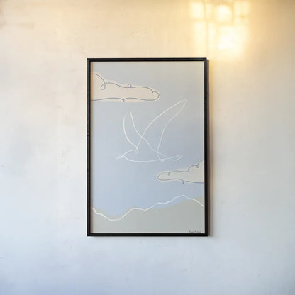 Soaring Seagull II by Becky Thorns. shown as a paper print in a black flame. Available as a archival giclee rolled canvas, fine art paper, or poster print. SKU 87642h.