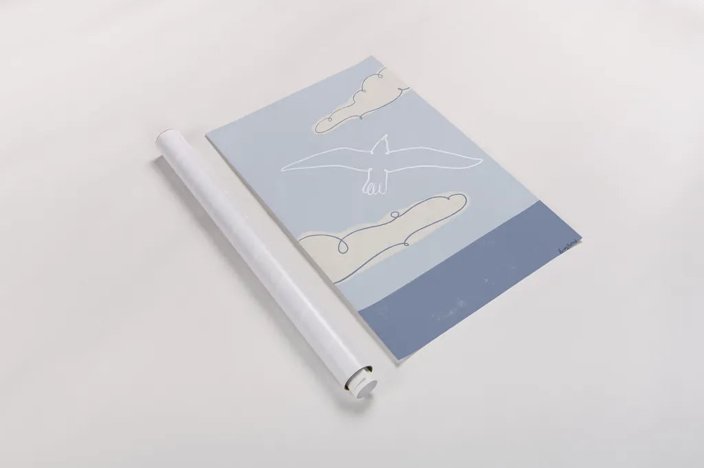 Soaring Seagull III by Becky Thorns. shown as a rolled paper print. Available as archival giclee rolled canvas, fine art paper, or poster print. SKU 87643h.