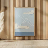 Soaring Seagull III by Becky Thorns. shown as over sized large wall art. Available as an archival giclee rolled canvas, fine art paper, or poster print. SKU 87643h.
