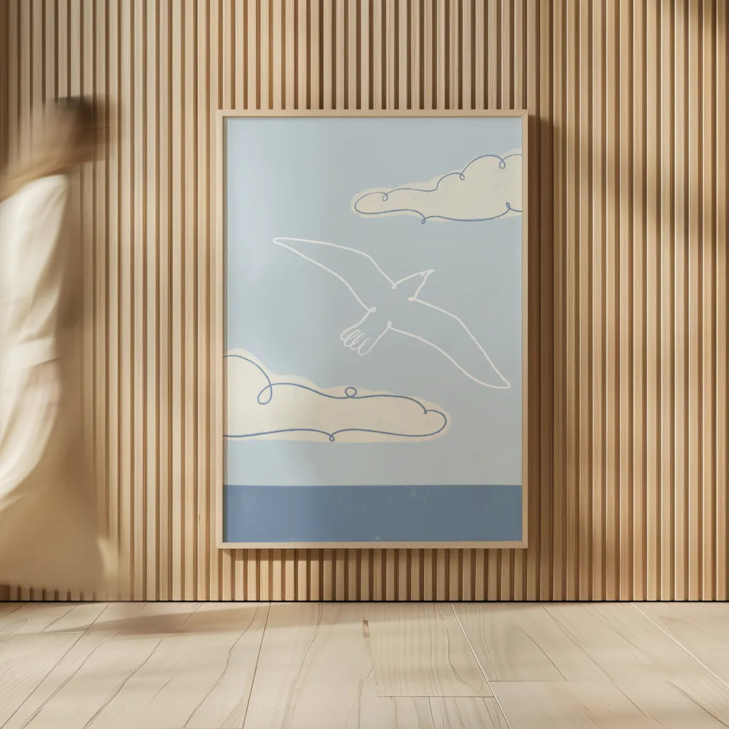 Soaring Seagull III by Becky Thorns. shown as over sized large wall art. Available as an archival giclee rolled canvas, fine art paper, or poster print. SKU 87643h.