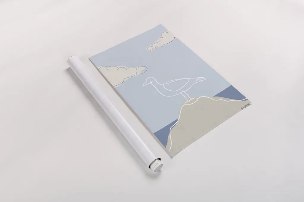 Soaring Seagull IV by Becky Thorns. shown as a rolled paper print. Available as archival giclee rolled canvas, fine art paper, or poster print. SKU 87644h.