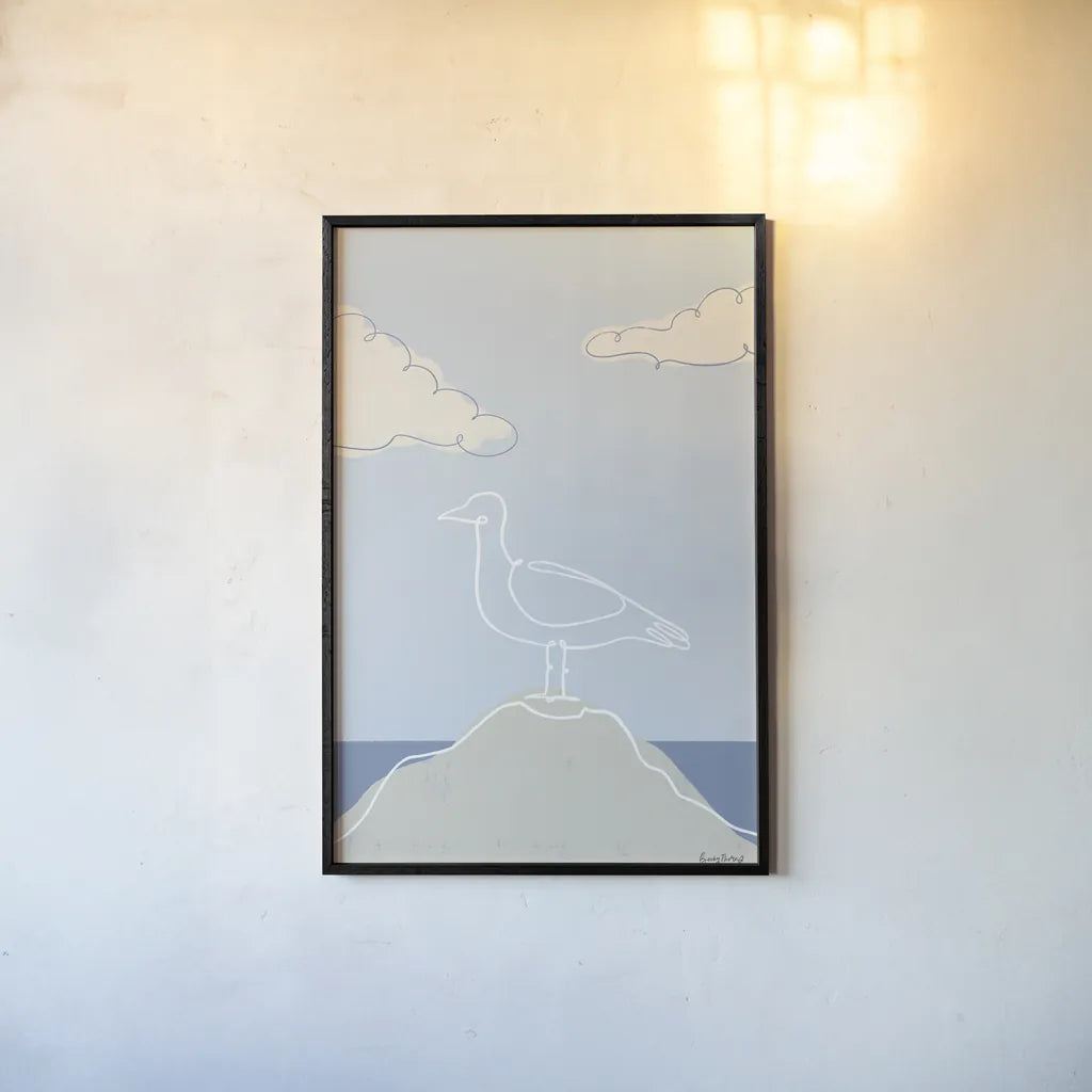 Soaring Seagull IV by Becky Thorns. shown as a paper print in a black flame. Available as a archival giclee rolled canvas, fine art paper, or poster print. SKU 87644h.