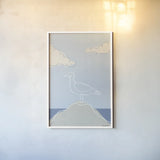 Soaring Seagull IV by Becky Thorns. shown as a paper print in a white frame. Available as a archival giclee rolled canvas, fine art paper, or poster print. SKU 87644h.