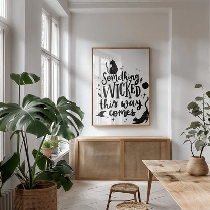 Sophisticated Spooky IV BW by Becky Thorns. shown as a print in a natural wood frame in a dining room. Available as a archival giclee rolled canvas, fine art paper, or poster print. SKU 67891h.