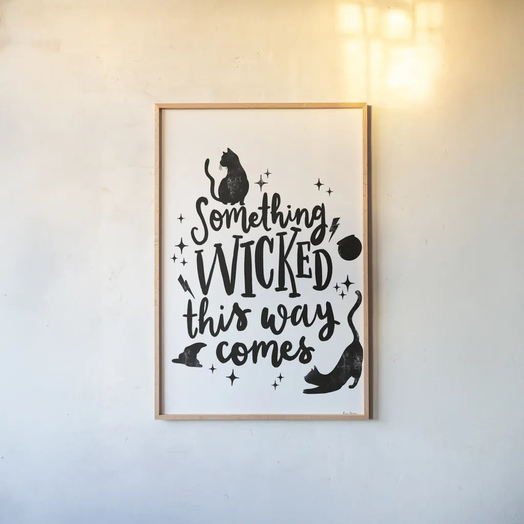 Sophisticated Spooky IV BW by Becky Thorns. shown as a paper print in a natural frame. Available as a archival giclee rolled canvas, fine art paper, or poster print. SKU 67891h.