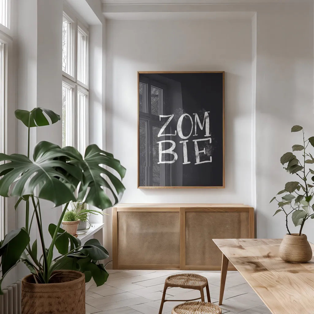 Sophisticated Spooky VIII by Becky Thorns. shown as a print in a natural wood frame in a dining room. Available as a archival giclee rolled canvas, fine art paper, or poster print. SKU 67512h.