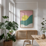 Sun Chaser II by Becky Thorns. shown as a print in a natural wood frame in a dining room. Available as a archival giclee rolled canvas, fine art paper, or poster print. SKU 65317h.