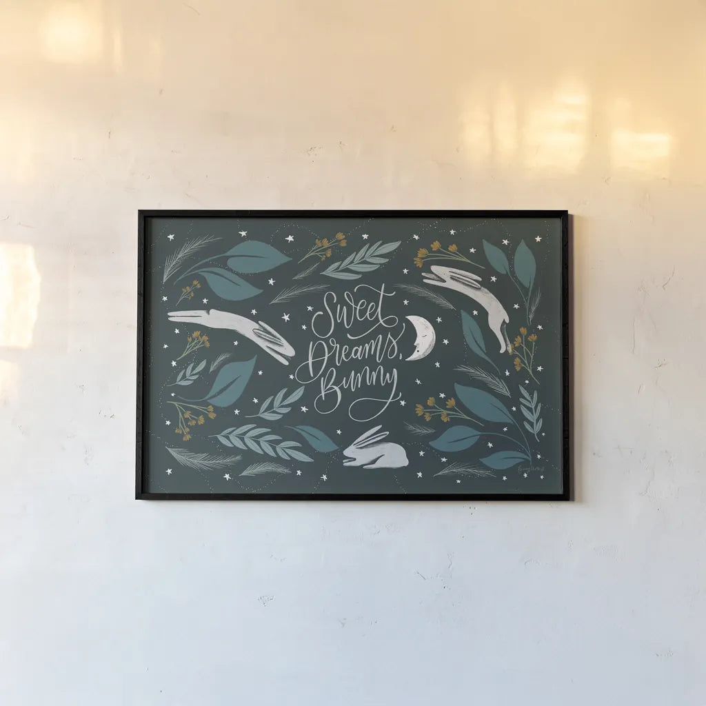 Sweet Dreams Bunny I by Becky Thorns. shown as a paper print in a black flame. Available as a archival giclee rolled canvas, fine art paper, or poster print. SKU 53009i.