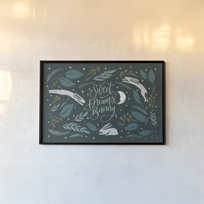 Sweet Dreams Bunny I by Becky Thorns. shown as a paper print in a black flame. Available as a archival giclee rolled canvas, fine art paper, or poster print. SKU 53009i.