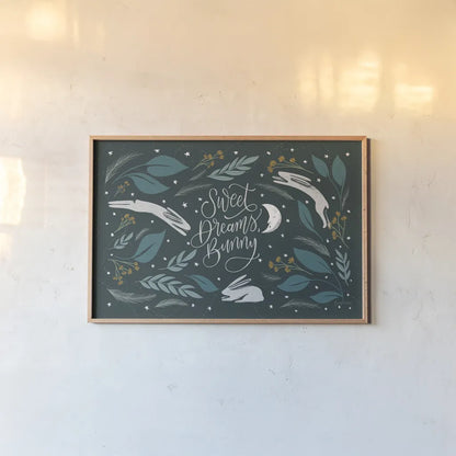 Sweet Dreams Bunny I by Becky Thorns. shown as a paper print in a natural frame. Available as a archival giclee rolled canvas, fine art paper, or poster print. SKU 53009i.