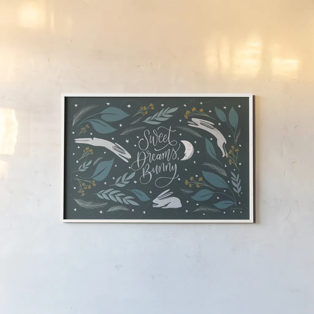 Sweet Dreams Bunny I by Becky Thorns. shown as a paper print in a white frame. Available as a archival giclee rolled canvas, fine art paper, or poster print. SKU 53009i.