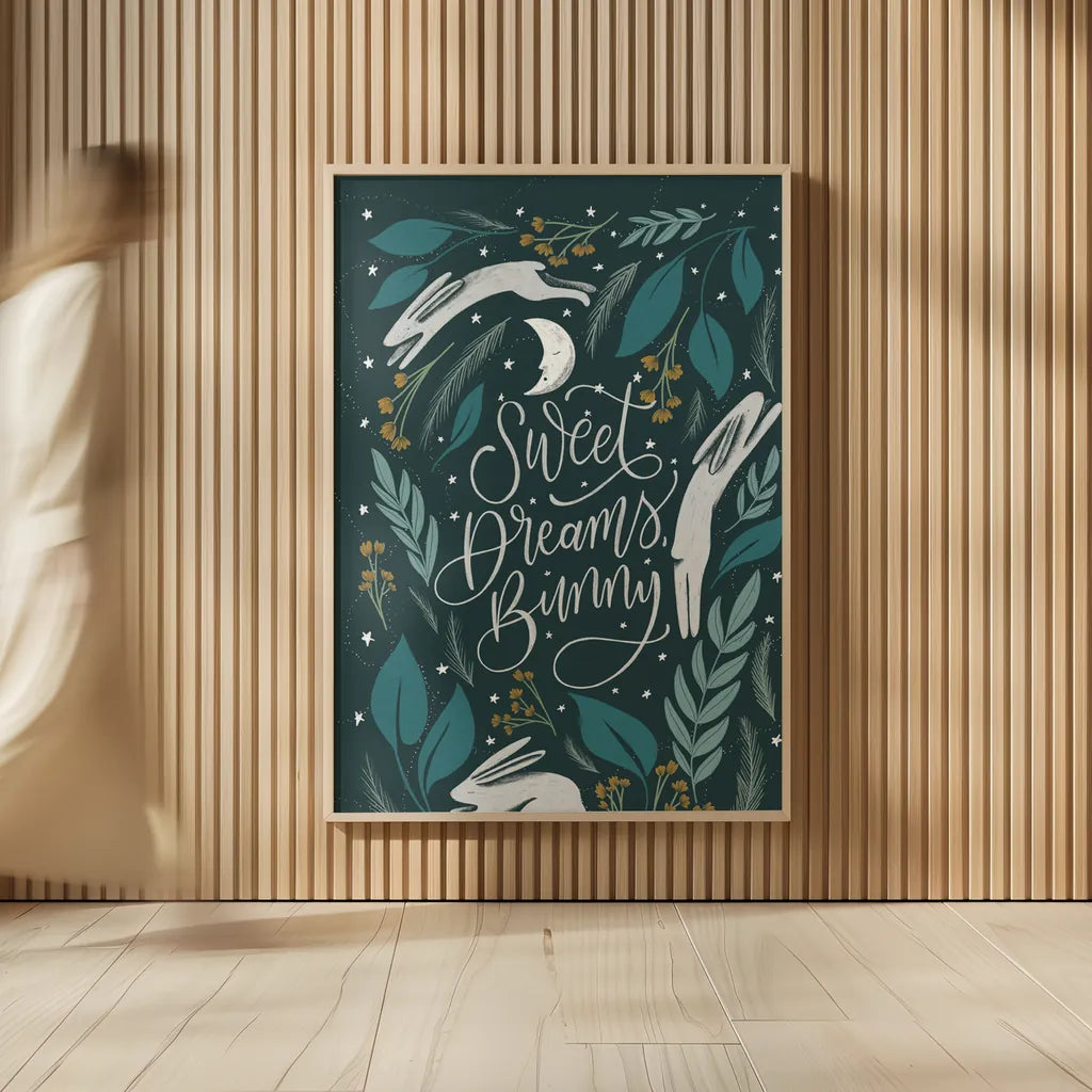 Sweet Dreams Bunny II by Becky Thorns. shown as over sized large wall art. Available as an archival giclee rolled canvas, fine art paper, or poster print. SKU 53010h.