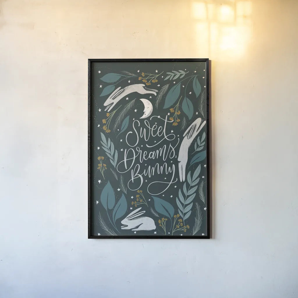 Sweet Dreams Bunny II by Becky Thorns. shown as a paper print in a black flame. Available as a archival giclee rolled canvas, fine art paper, or poster print. SKU 53010h.