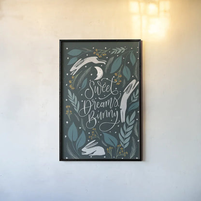 Sweet Dreams Bunny II by Becky Thorns. shown as a paper print in a black flame. Available as a archival giclee rolled canvas, fine art paper, or poster print. SKU 53010h.