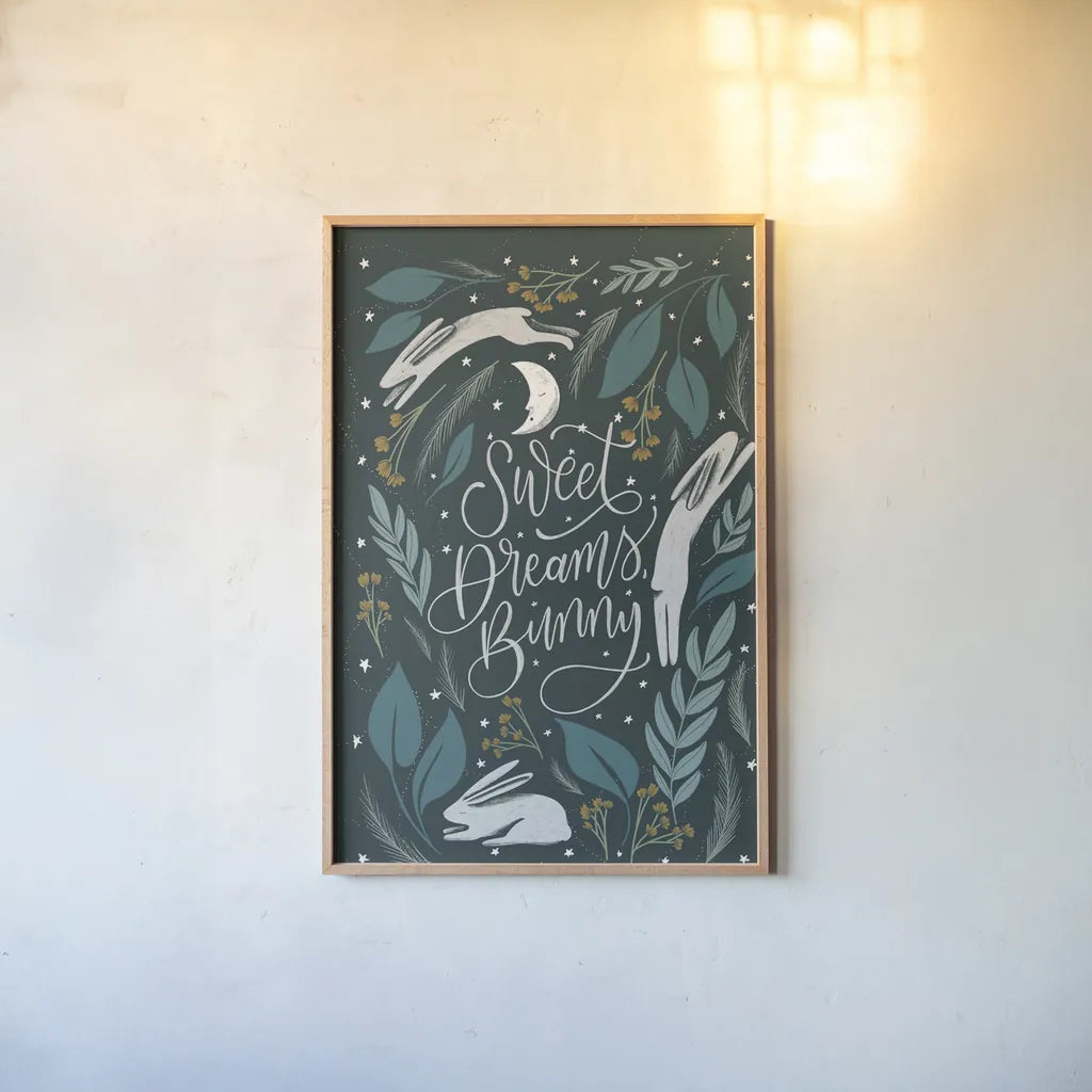 Sweet Dreams Bunny II by Becky Thorns. shown as a paper print in a natural frame. Available as a archival giclee rolled canvas, fine art paper, or poster print. SKU 53010h.