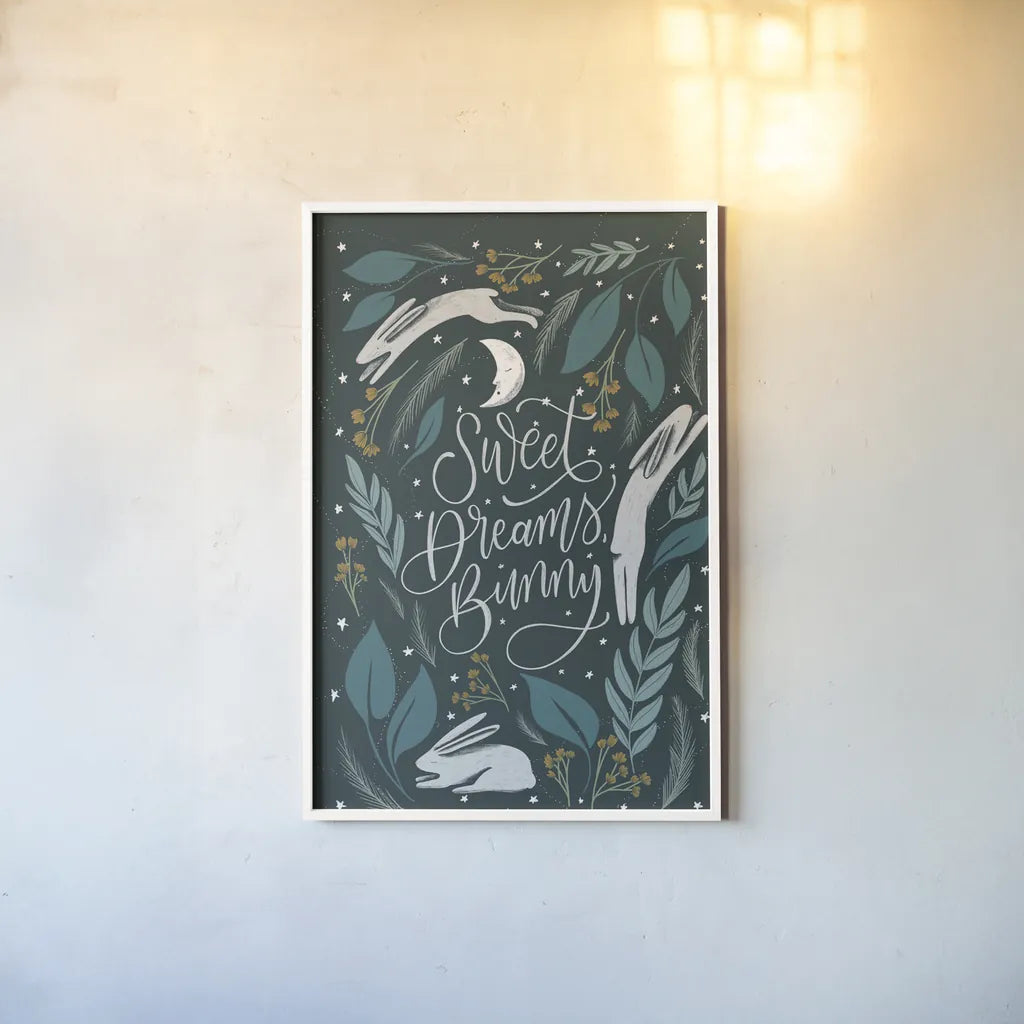 Sweet Dreams Bunny II by Becky Thorns. shown as a paper print in a white frame. Available as a archival giclee rolled canvas, fine art paper, or poster print. SKU 53010h.