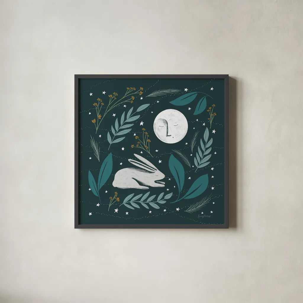 Sweet Dreams Bunny III by Becky Thorns. Shown in a sleek black glass frame for a contemporary gallery look. Available as an archival giclee rolled canvas, fine art paper, or poster print. SKU 53011a.