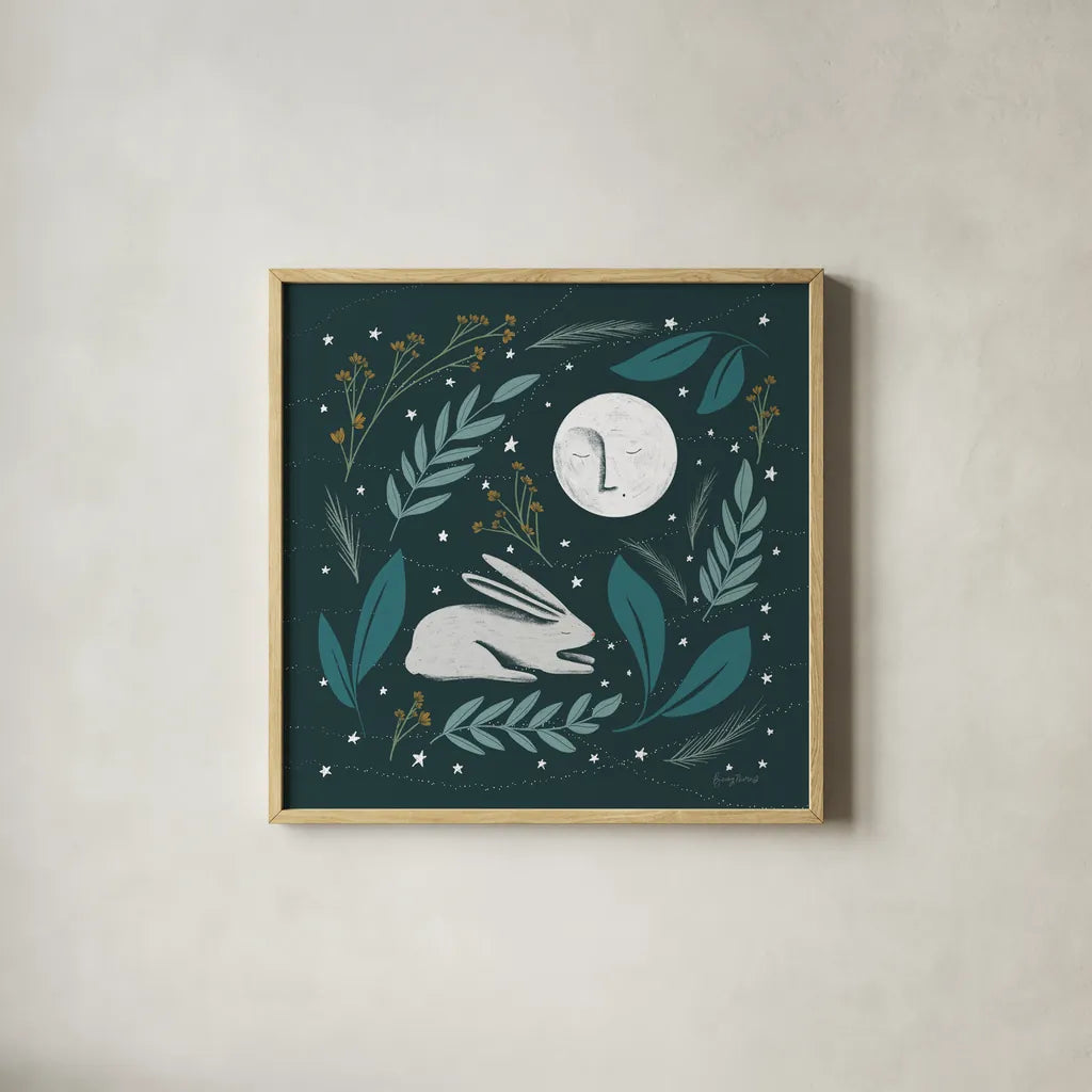 Sweet Dreams Bunny III by Becky Thorns. Shown in a natural wood glass frame for a timeless modern aesthetic. Available as an archival giclee rolled canvas, fine art paper, or poster print. SKU 53011a.