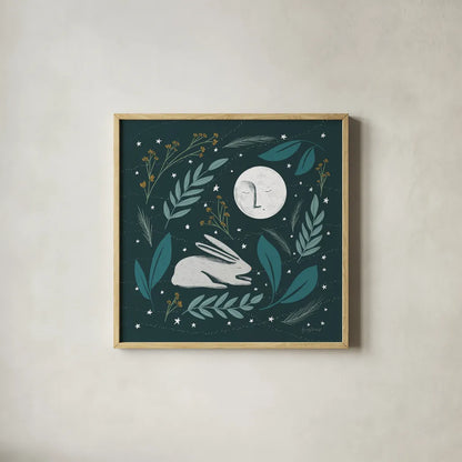 Sweet Dreams Bunny III by Becky Thorns. Shown in a natural wood glass frame for a timeless modern aesthetic. Available as an archival giclee rolled canvas, fine art paper, or poster print. SKU 53011a.