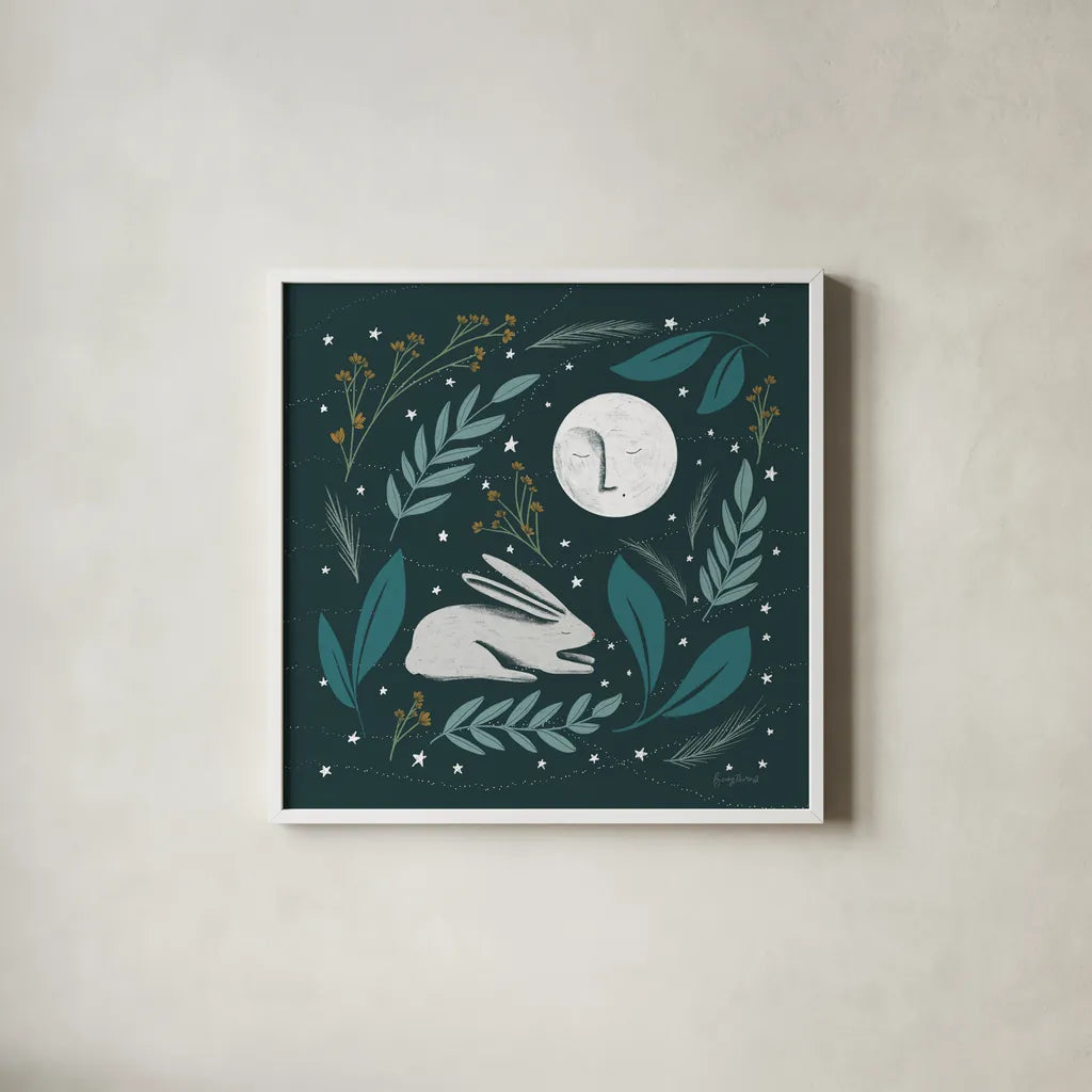 Sweet Dreams Bunny III by Becky Thorns. Shown in a crisp white glass frame for a clean and minimalist style. Available as an archival giclee rolled canvas, fine art paper, or poster print. SKU 53011a.