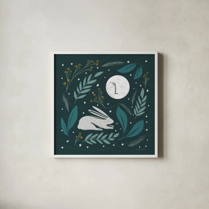 Sweet Dreams Bunny III by Becky Thorns. Shown in a crisp white glass frame for a clean and minimalist style. Available as an archival giclee rolled canvas, fine art paper, or poster print. SKU 53011a.