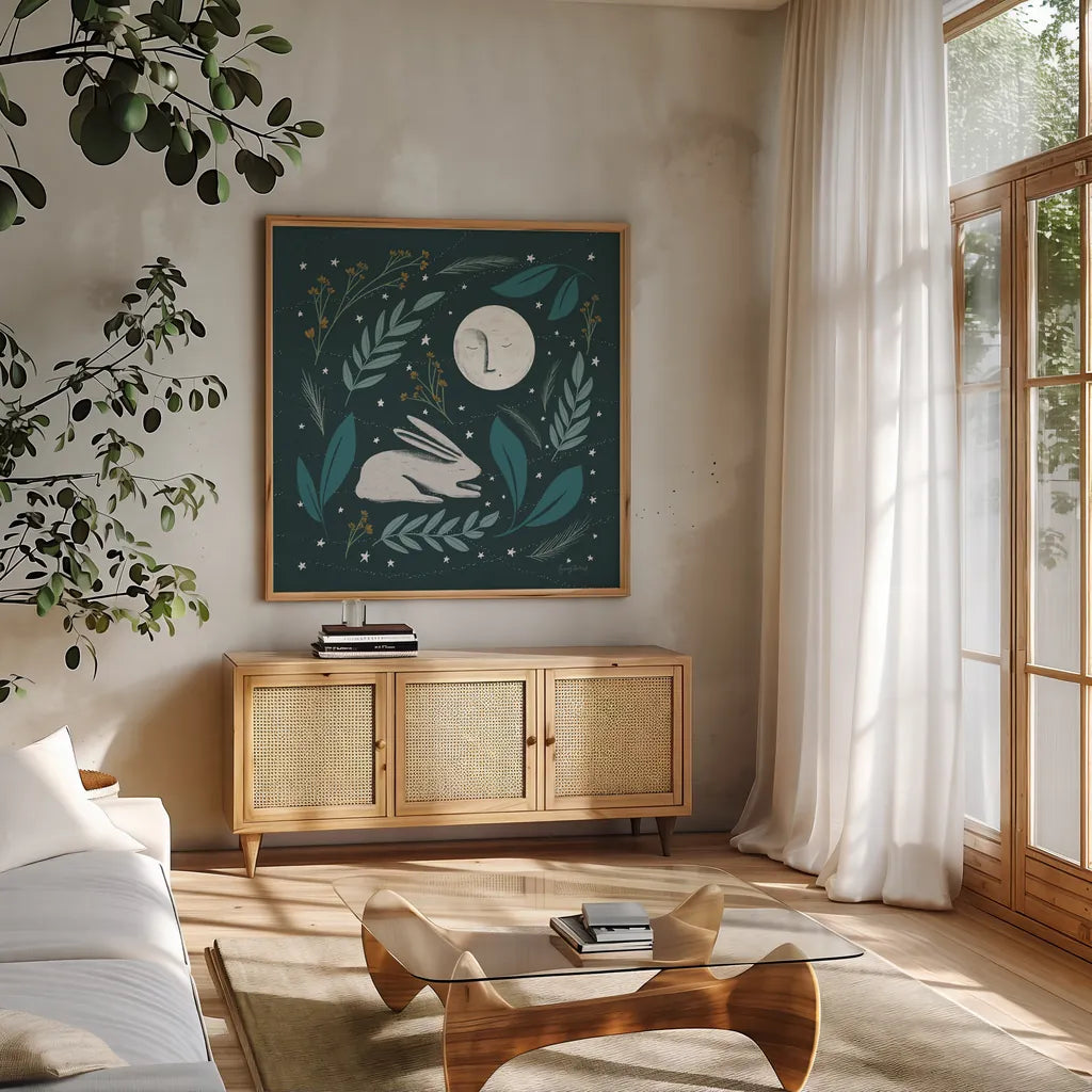 Sweet Dreams Bunny III by Becky Thorns. Shown in a natural wood frame in a cozy modern living room. Available as an archival giclee rolled canvas, fine art paper, or poster print. SKU 53011a.