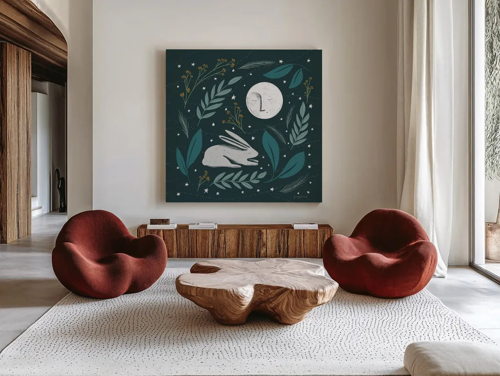Sweet Dreams Bunny III by Becky Thorns. Shown as extra-large giant wall art in a modern living room. Available as an archival giclee rolled canvas, fine art paper, or poster print. SKU 53011a.
