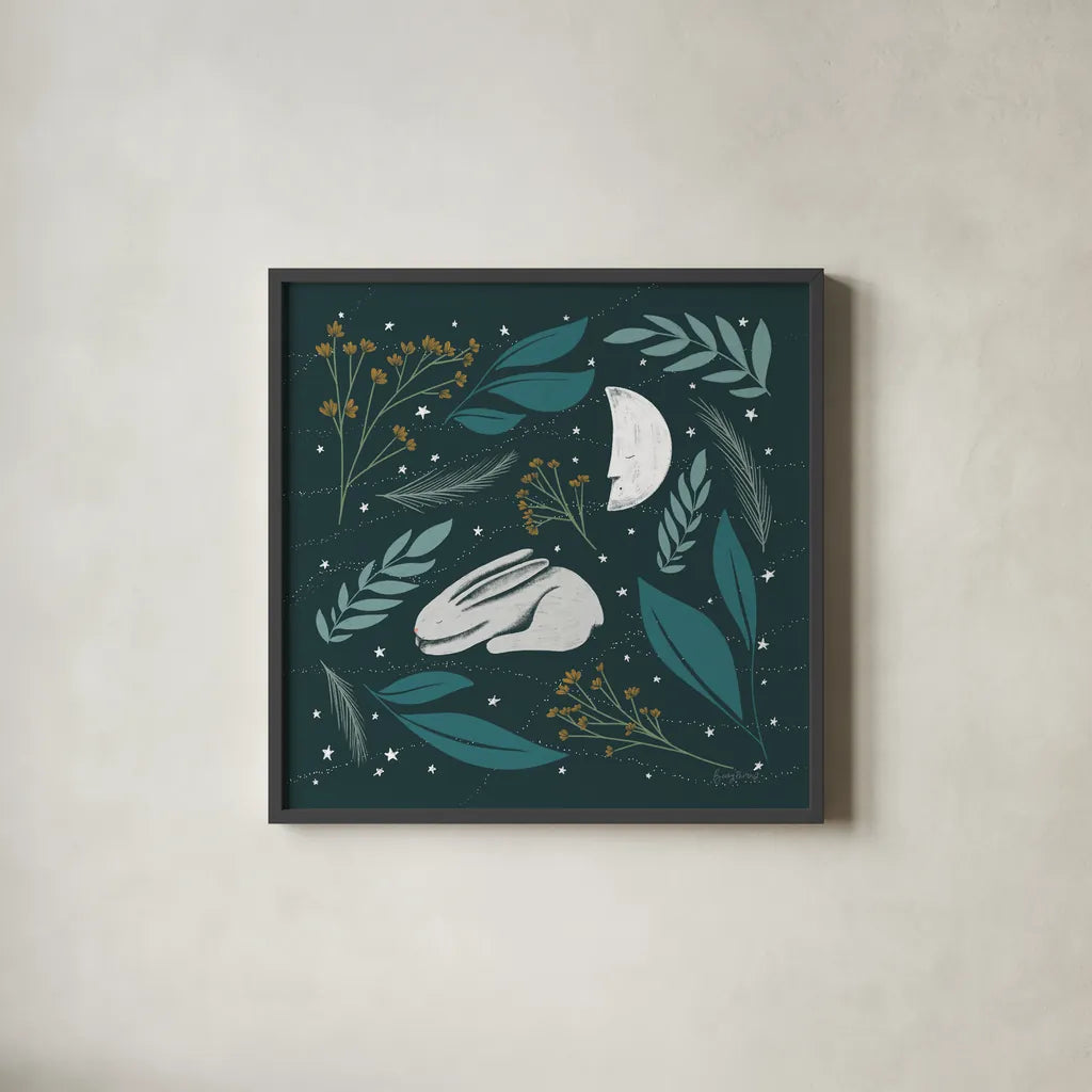 Sweet Dreams Bunny IV by Becky Thorns. Shown in a sleek black glass frame for a contemporary gallery look. Available as an archival giclee rolled canvas, fine art paper, or poster print. SKU 53012a.