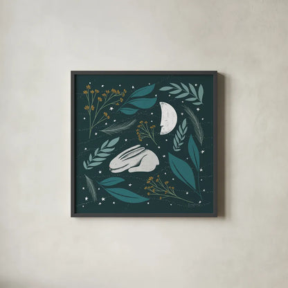 Sweet Dreams Bunny IV by Becky Thorns. Shown in a sleek black glass frame for a contemporary gallery look. Available as an archival giclee rolled canvas, fine art paper, or poster print. SKU 53012a.