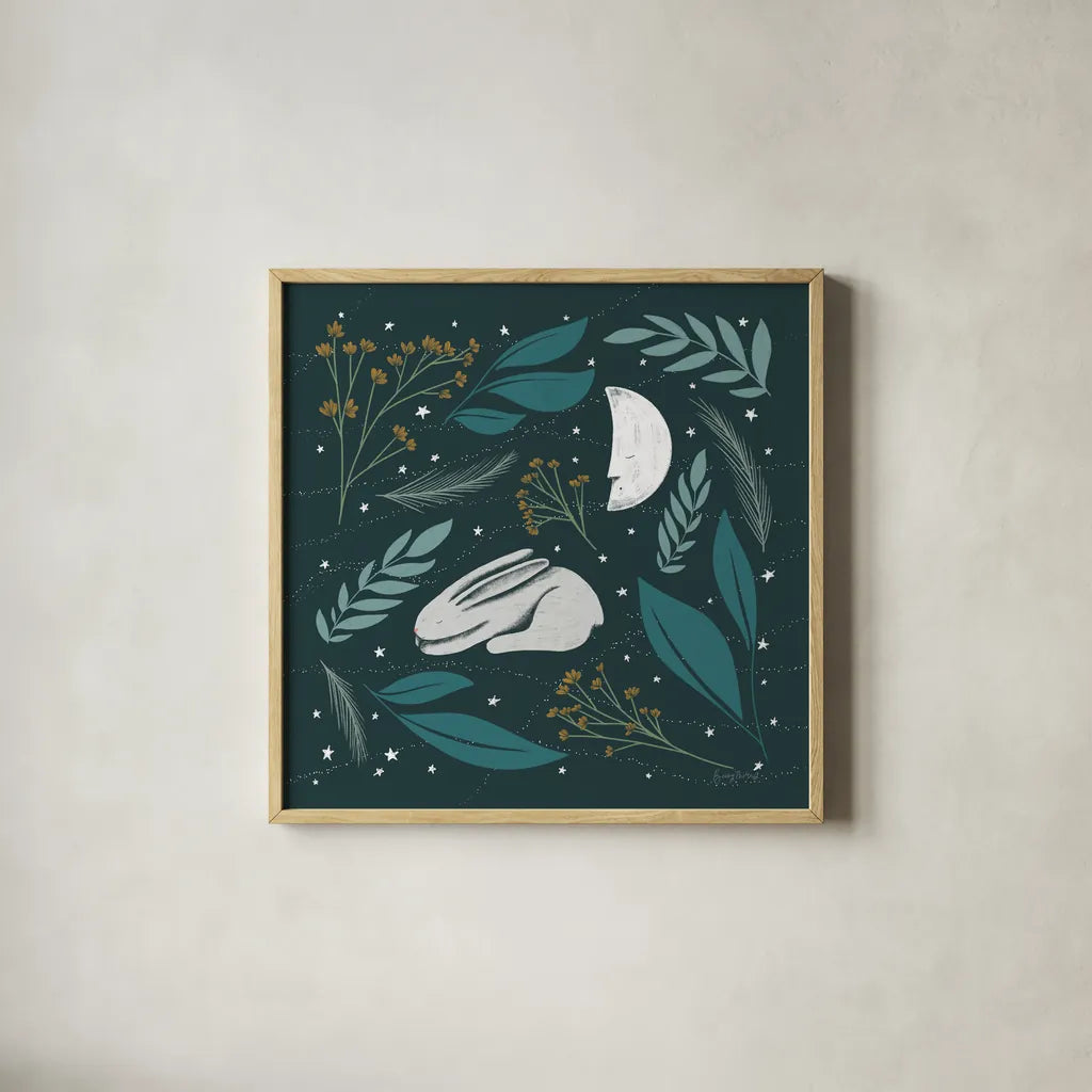 Sweet Dreams Bunny IV by Becky Thorns. Shown in a natural wood glass frame for a timeless modern aesthetic. Available as an archival giclee rolled canvas, fine art paper, or poster print. SKU 53012a.