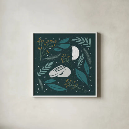 Sweet Dreams Bunny IV by Becky Thorns. Shown in a crisp white glass frame for a clean and minimalist style. Available as an archival giclee rolled canvas, fine art paper, or poster print. SKU 53012a.