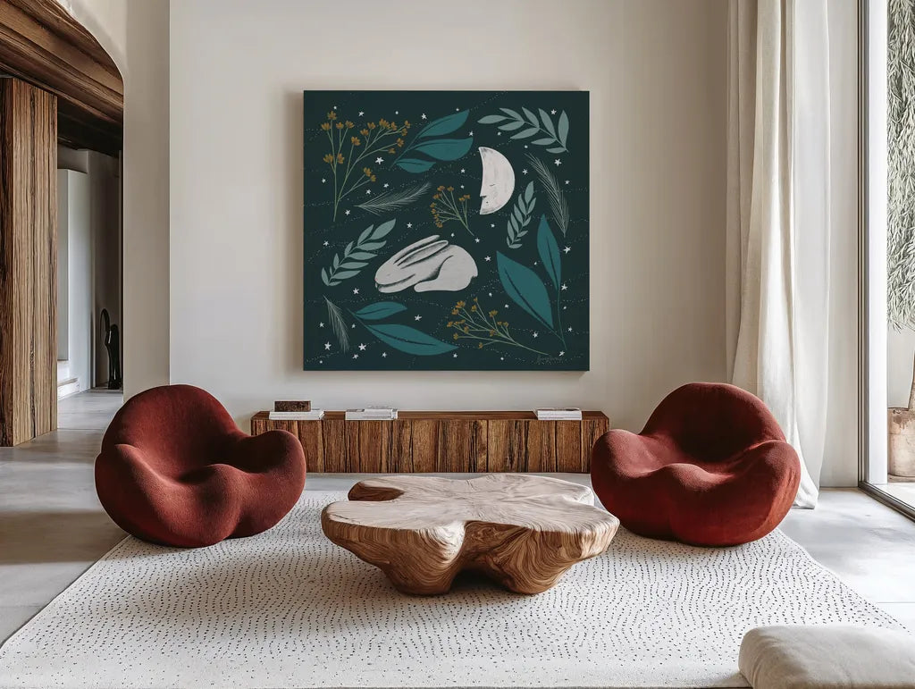 Sweet Dreams Bunny IV by Becky Thorns. Shown as extra-large giant wall art in a modern living room. Available as an archival giclee rolled canvas, fine art paper, or poster print. SKU 53012a.