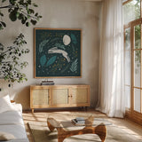 Sweet Dreams Bunny VI by Becky Thorns. Shown in a natural wood frame in a cozy modern living room. Available as an archival giclee rolled canvas, fine art paper, or poster print. SKU 53014a.