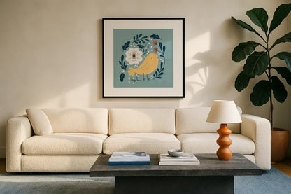 Sweet Easter I by Becky Thorns. Displayed in a glass frame with matte in a clean modern living room. Available as an archival giclee rolled canvas, fine art paper, or poster print. SKU 70581a.