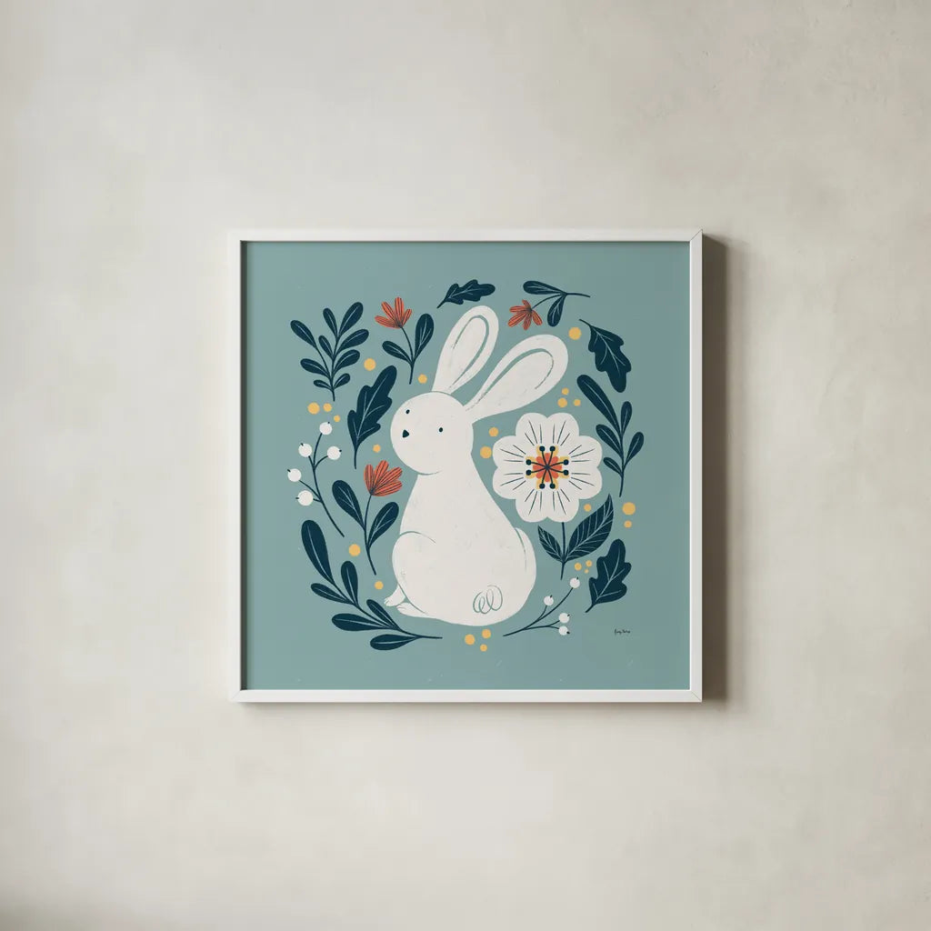 Sweet Easter II by Becky Thorns. Shown in a crisp white glass frame for a clean and minimalist style. Available as an archival giclee rolled canvas, fine art paper, or poster print. SKU 70582a.