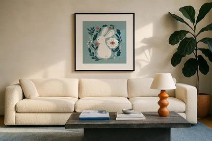 Sweet Easter II by Becky Thorns. Displayed in a glass frame with matte in a clean modern living room. Available as an archival giclee rolled canvas, fine art paper, or poster print. SKU 70582a.