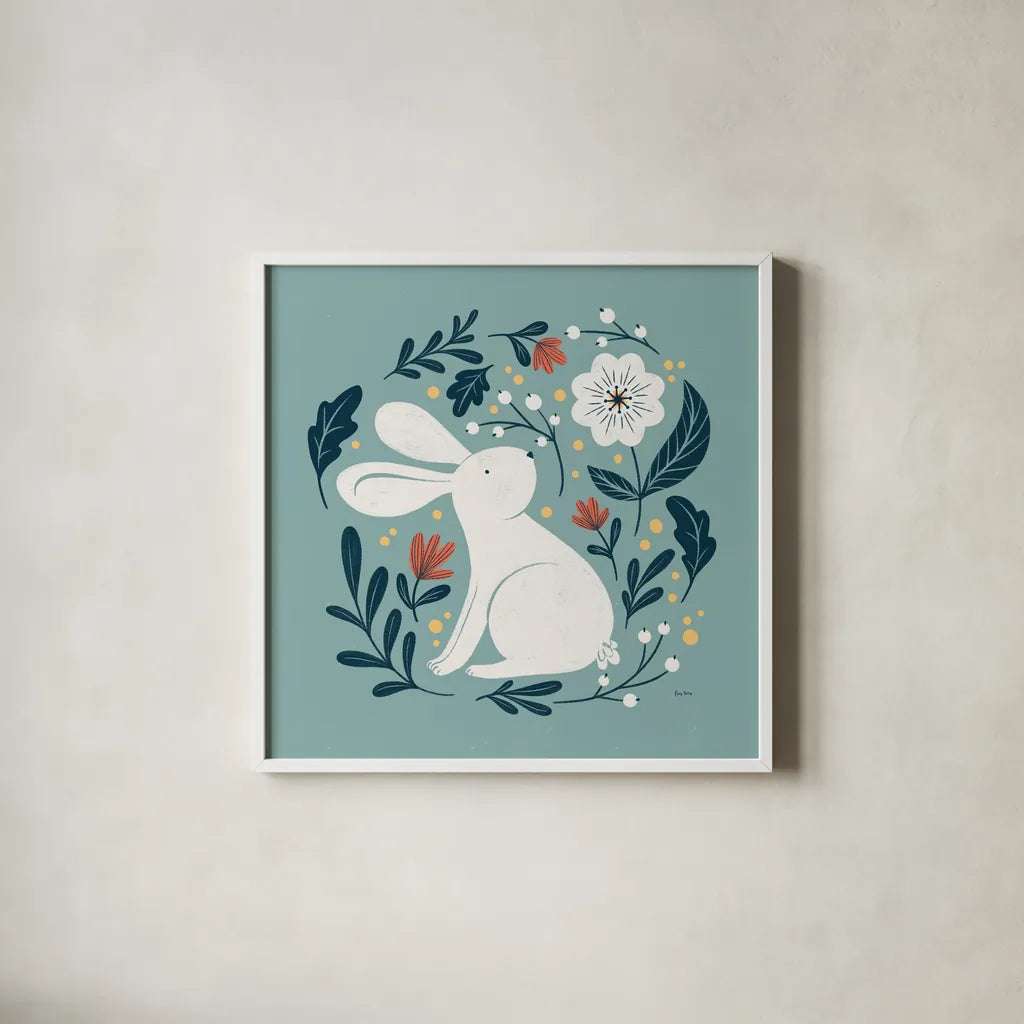 Sweet Easter III by Becky Thorns. Shown in a crisp white glass frame for a clean and minimalist style. Available as an archival giclee rolled canvas, fine art paper, or poster print. SKU 70583a.