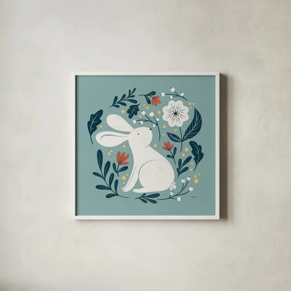 Sweet Easter III by Becky Thorns. Shown in a crisp white glass frame for a clean and minimalist style. Available as an archival giclee rolled canvas, fine art paper, or poster print. SKU 70583a.