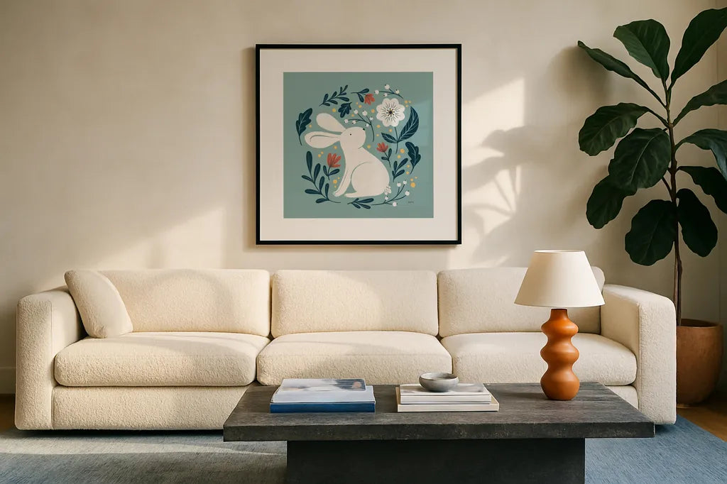 Sweet Easter III by Becky Thorns. Displayed in a glass frame with matte in a clean modern living room. Available as an archival giclee rolled canvas, fine art paper, or poster print. SKU 70583a.