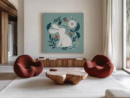 Sweet Easter III by Becky Thorns. Shown as extra-large giant wall art in a modern living room. Available as an archival giclee rolled canvas, fine art paper, or poster print. SKU 70583a.