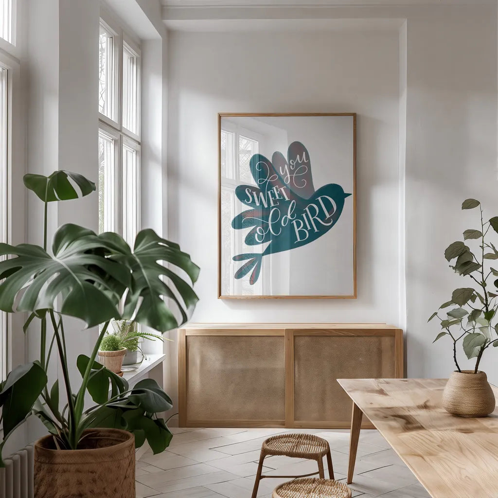 Sweet Old Bird by Becky Thorns. shown as a print in a natural wood frame in a dining room. Available as a archival giclee rolled canvas, fine art paper, or poster print. SKU 61412h.