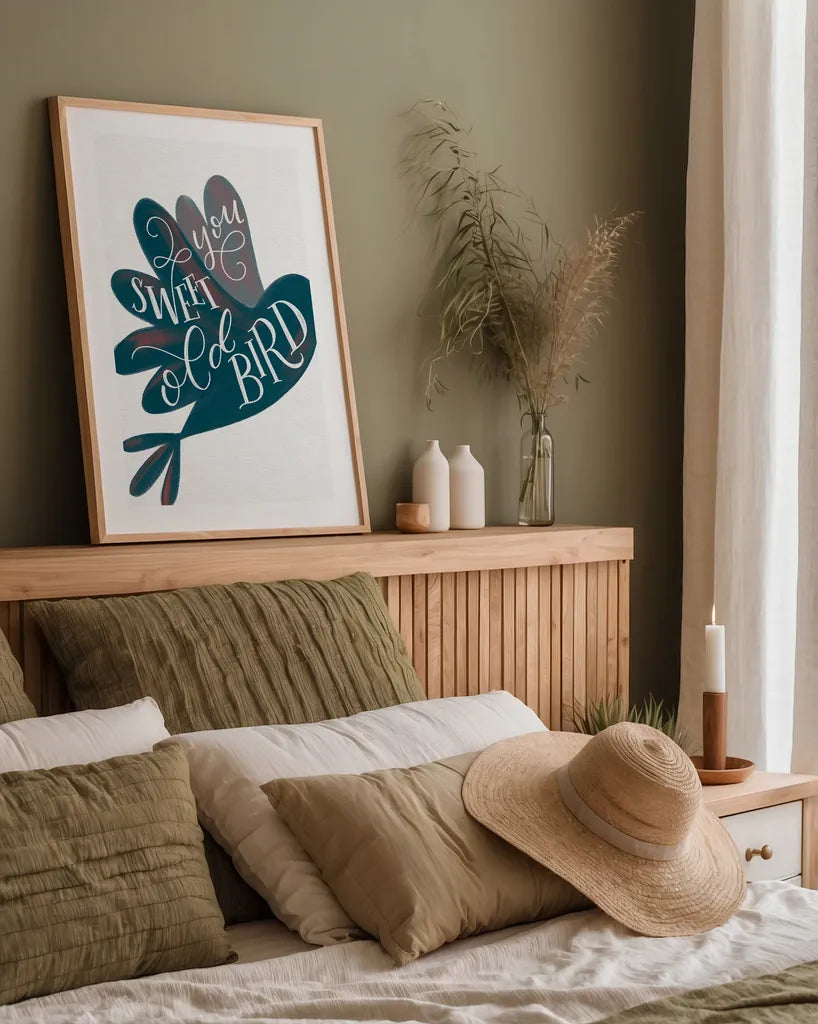 Sweet Old Bird by Becky Thorns. shown as a paper print in a natural frame. Available as a archival giclee rolled canvas, fine art paper, or poster print. SKU 61412h.