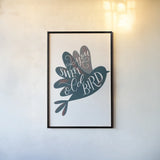 Sweet Old Bird by Becky Thorns. shown as a paper print in a black flame. Available as a archival giclee rolled canvas, fine art paper, or poster print. SKU 61412h.