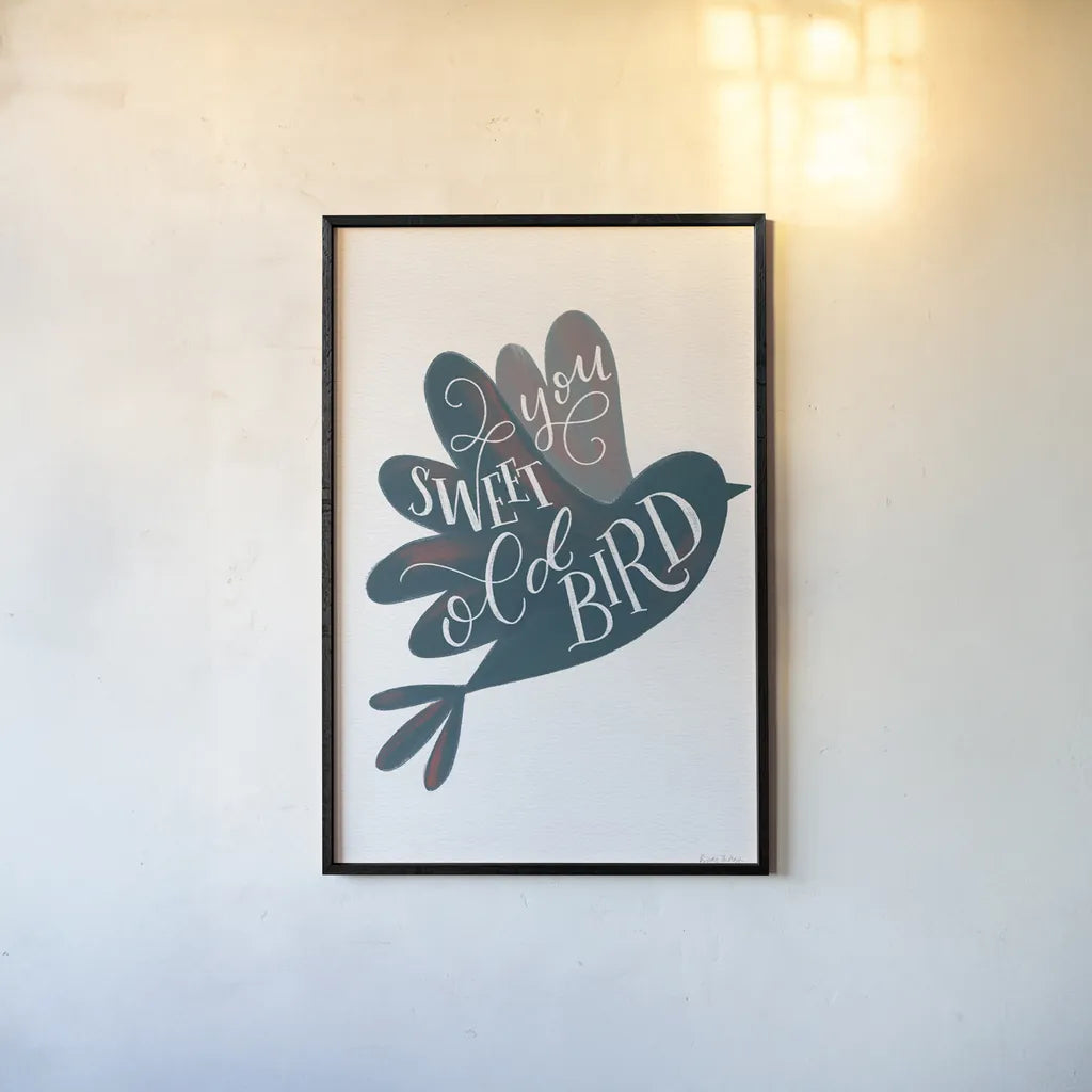 Sweet Old Bird by Becky Thorns. shown as a paper print in a black flame. Available as a archival giclee rolled canvas, fine art paper, or poster print. SKU 61412h.