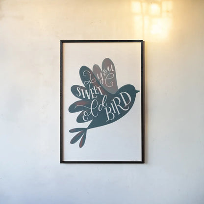 Sweet Old Bird by Becky Thorns. shown as a paper print in a black flame. Available as a archival giclee rolled canvas, fine art paper, or poster print. SKU 61412h.